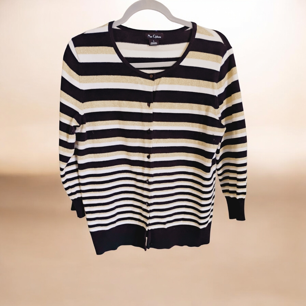 Nue Options Striped Cardigan in Black, White, and Gold Button Down Sz L - Picture 2 of 5